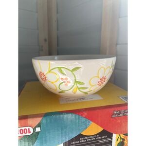 Laurie Gates California Designed Ceramic Bowl Floral Pattern White Orange Green